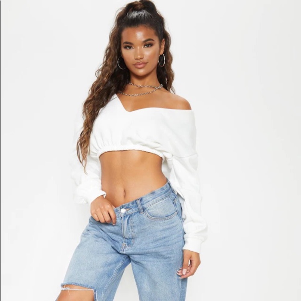 PLT Cream Crop Off Shoulder Sweater